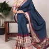 Attractive Navy Blue Color Tussar Silk With Viscose Border Printed Saree