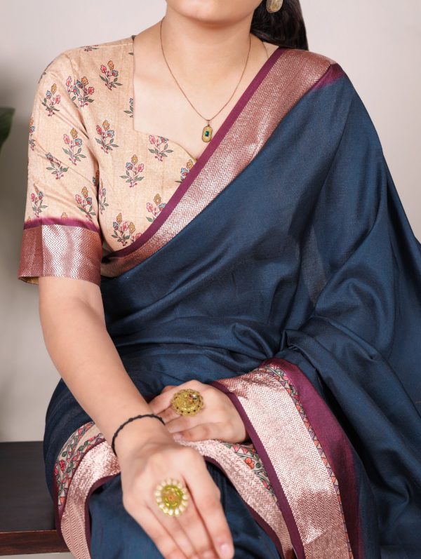 Navy Blue Tussar Silk With Viscose Border Printed Saree - Image 2