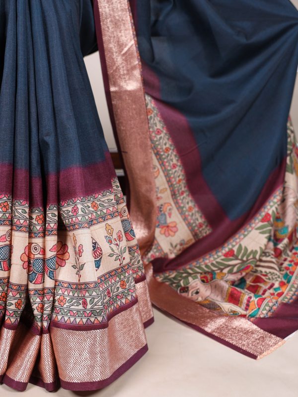 Navy Blue Tussar Silk With Viscose Border Printed Saree - Image 3
