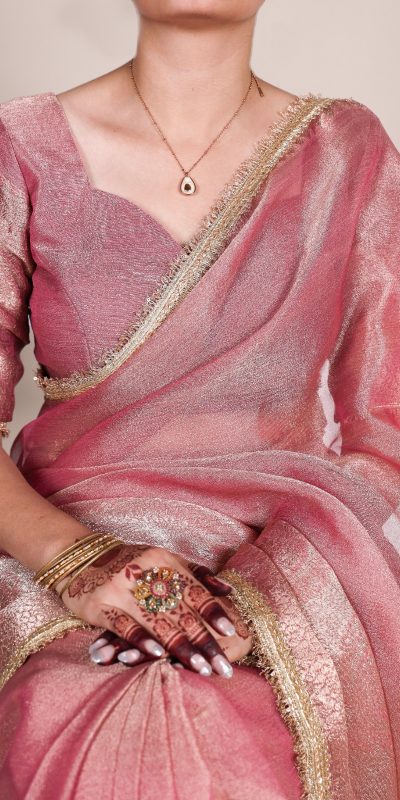 Attractive Pink Color Tissue Shimmer Zari Weaving Work Saree