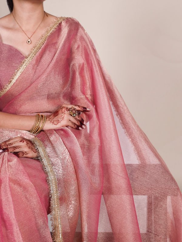Pink Tissue Shimmer Zari Weaving Work Saree - Image 2