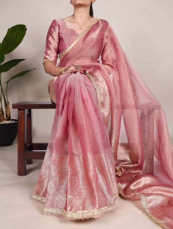 Pink Tissue Shimmer Zari Weaving Work Saree - Image 3