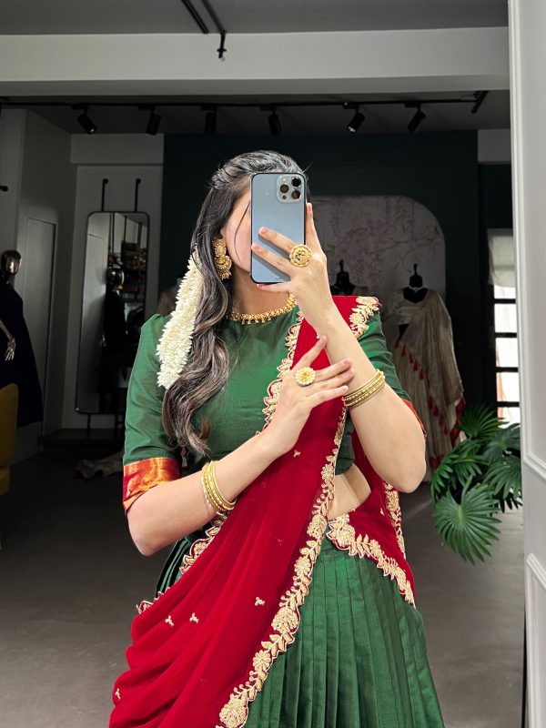 Green Narayan Pattu Zari Weaving Work Lehenga Choli - Image 2