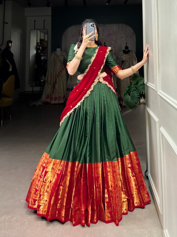Green Narayan Pattu Zari Weaving Work Lehenga Choli - Image 3