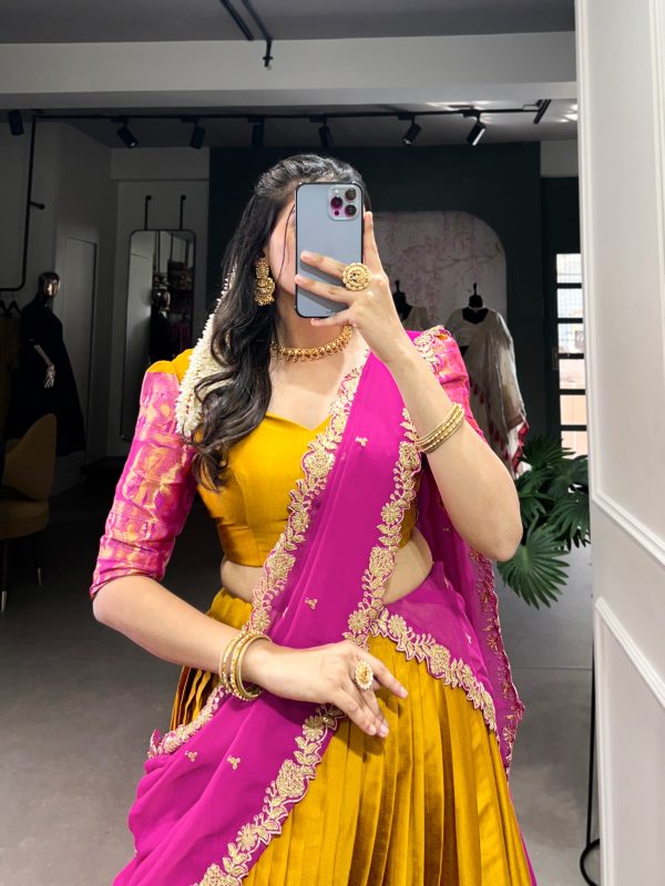 Mustard Narayan Pattu Zari Weaving Work Lehenga Choli - Image 3