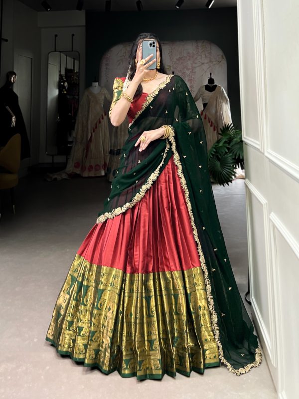 Red Narayan Pattu Zari Weaving Work Lehenga Choli - Image 3