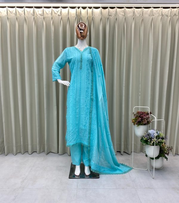 Beautiful Blue Color Chinon Cotton Thread Embroidery Work Salwar Suit