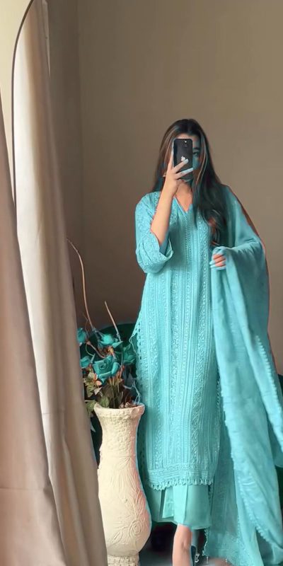 Beautiful Blue Color Chinon Cotton Thread Embroidery Work Salwar Suit