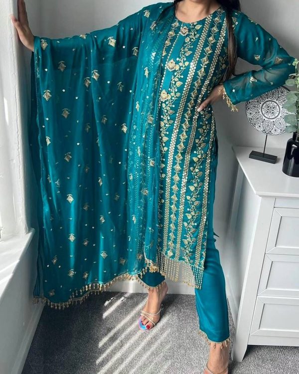 Blue Chinon Silk With Embroidery Work Salwar Suit - Image 2