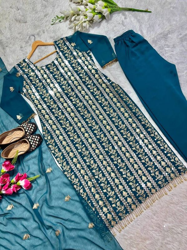 Blue Chinon Silk With Embroidery Work Salwar Suit - Image 3