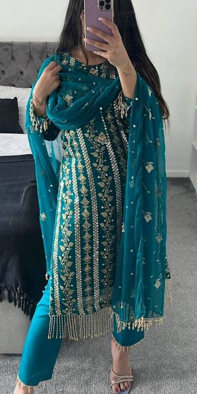 Beautiful Blue Color Chinon Silk With Embroidery Work Salwar Suit