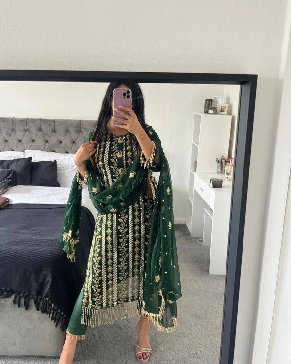 Green Chinon Silk With Embroidery Work Salwar Suit - Image 2