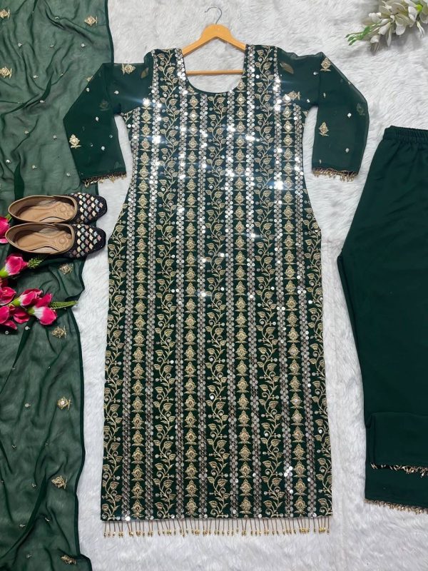 Green Chinon Silk With Embroidery Work Salwar Suit - Image 3