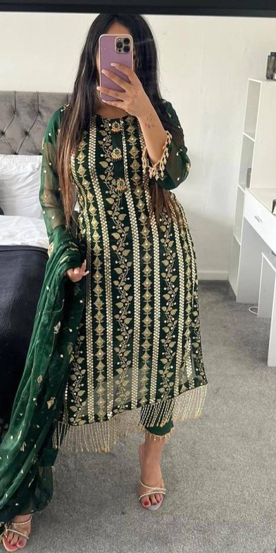 Beautiful Green Color Chinon Silk With Embroidery Work Salwar Suit
