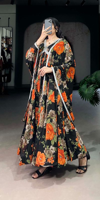 Beautiful Orange Color Georgette Floral Printed Paper Mirror Lace Gown