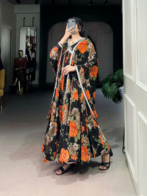 Beautiful Orange Color Georgette Floral Printed Paper Mirror Lace Gown