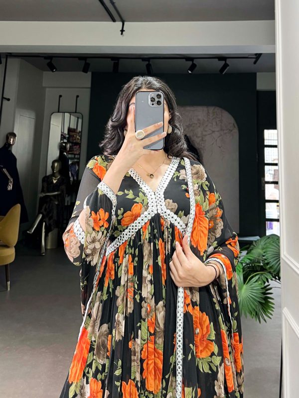 Orange Georgette Floral Printed Paper Mirror Lace Gown - Image 3