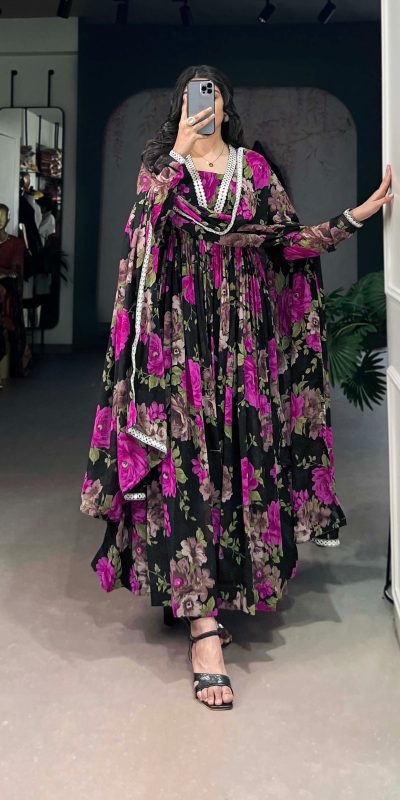 Beautiful Pink Color Georgette Floral Printed Paper Mirror Lace Gown