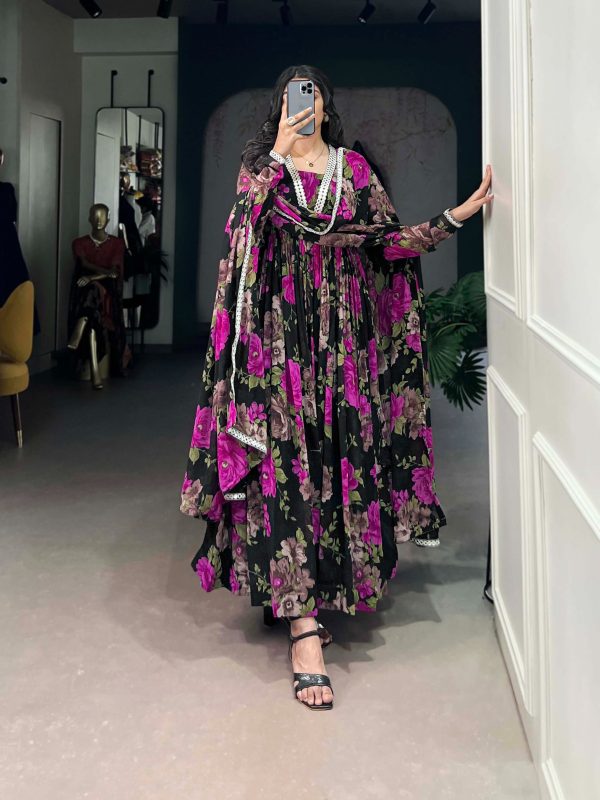 Beautiful Pink Color Georgette Floral Printed Paper Mirror Lace Gown