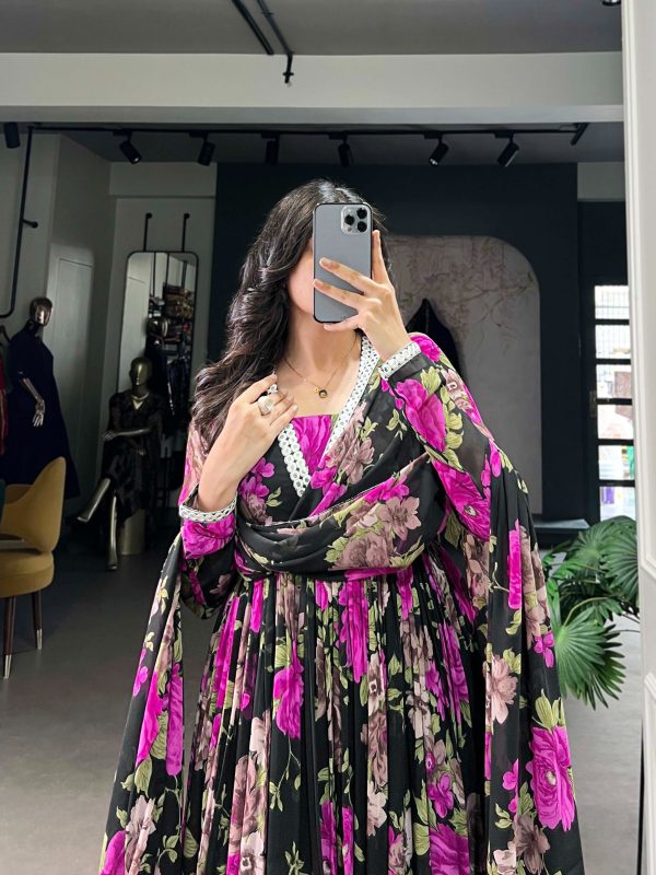 Pink Georgette Floral Printed Paper Mirror Lace Gown - Image 3