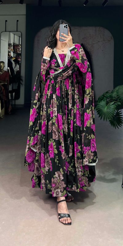 Beautiful Pink Color Georgette Floral Printed Paper Mirror Lace Gown