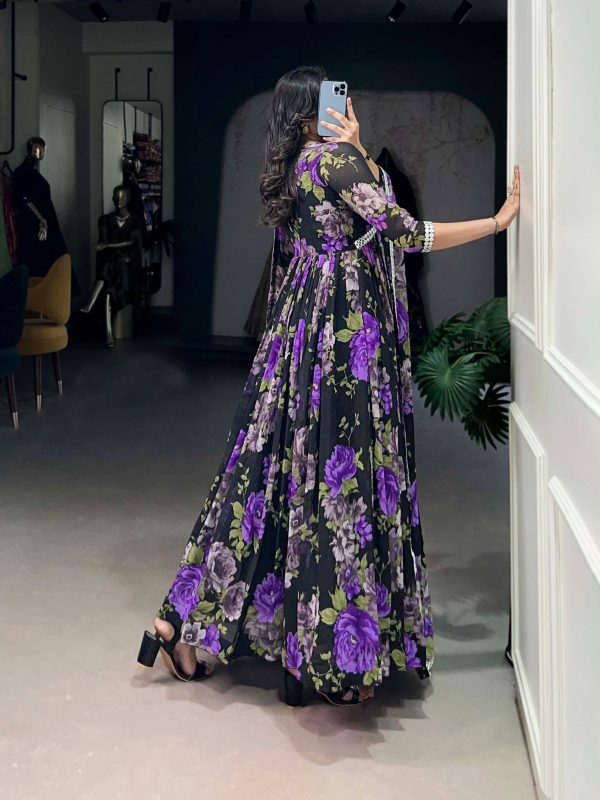 Purple Georgette Floral Printed Paper Mirror Lace Gown - Image 2