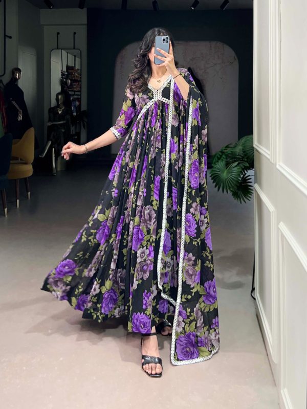 Purple Georgette Floral Printed Paper Mirror Lace Gown - Image 3