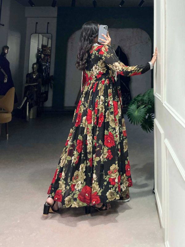 Red Georgette Floral Printed Paper Mirror Lace Gown - Image 2