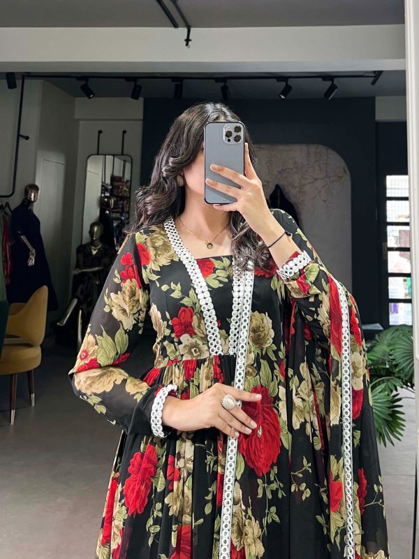 Red Georgette Floral Printed Paper Mirror Lace Gown - Image 3