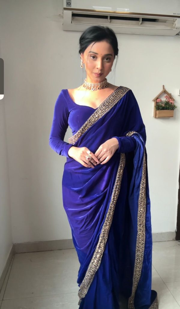 Beautiful Royal Blue Color Pure 9000 Velvet With Embroidery Lace Border Saree