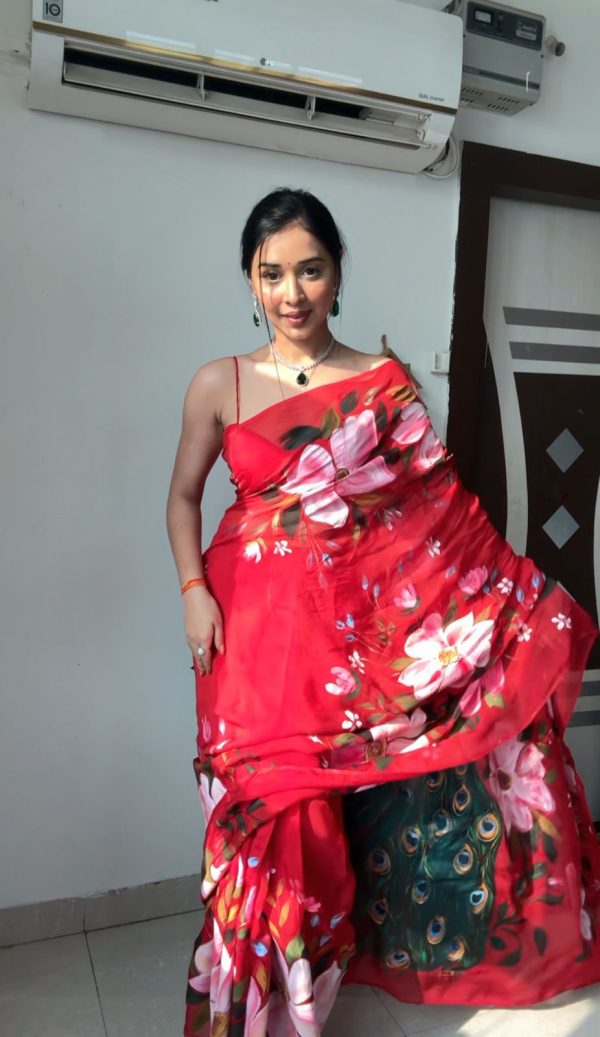 Red Soft Organza Silk Ready To Wear Saree - Image 2