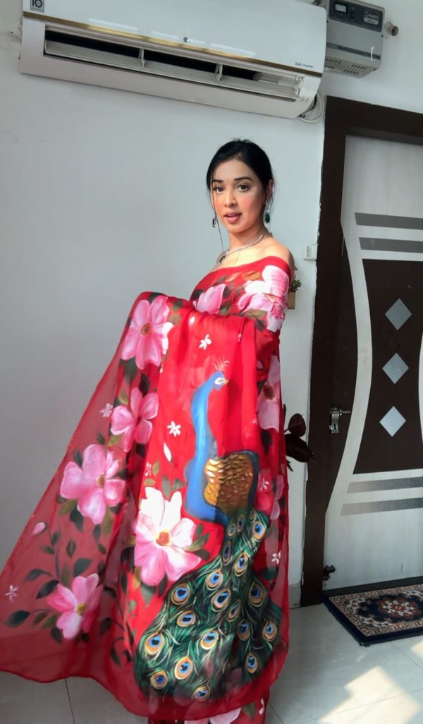 Red Soft Organza Silk Ready To Wear Saree - Image 3