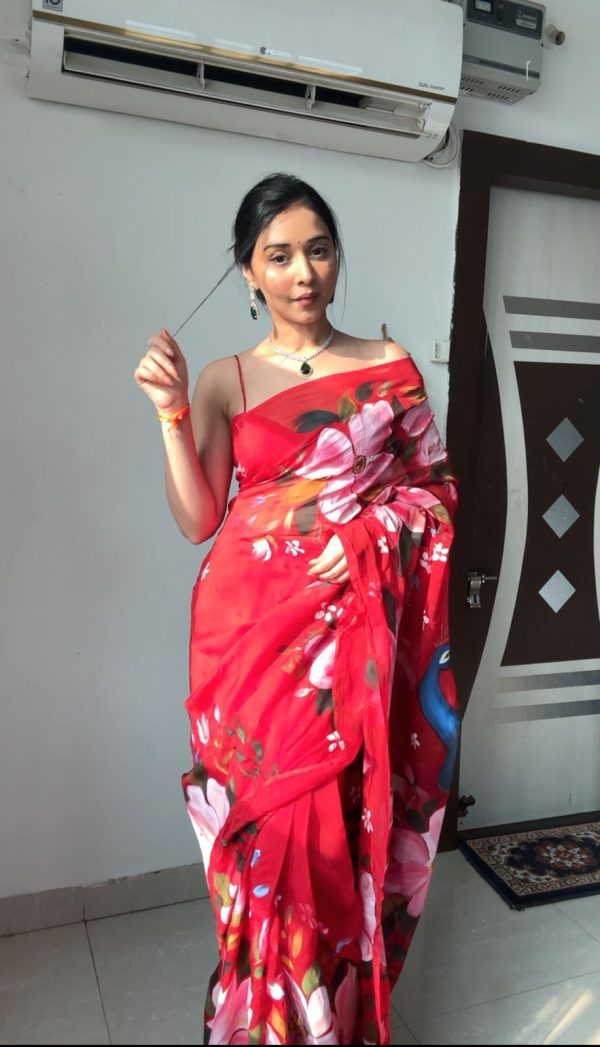 Red Soft Organza Silk Ready To Wear Saree - Image 4