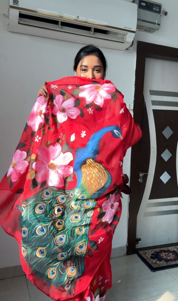 Red Soft Organza Silk Ready To Wear Saree - Image 5