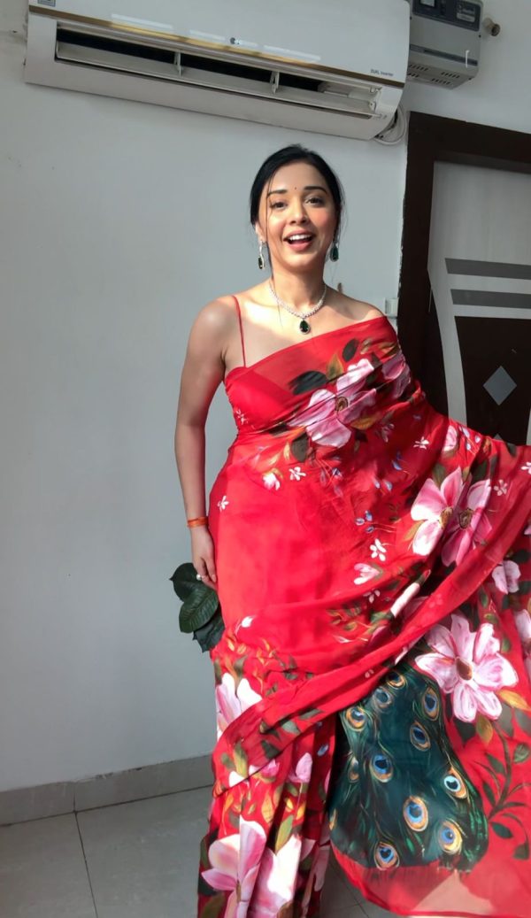 Red Soft Organza Silk Ready To Wear Saree - Image 6