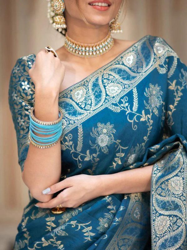 Blue Soft Litchi Silk All Over Weaving Saree - Image 2