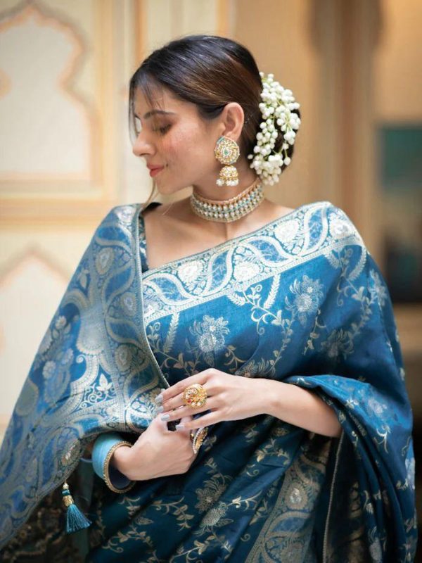 Blue Soft Litchi Silk All Over Weaving Saree - Image 3
