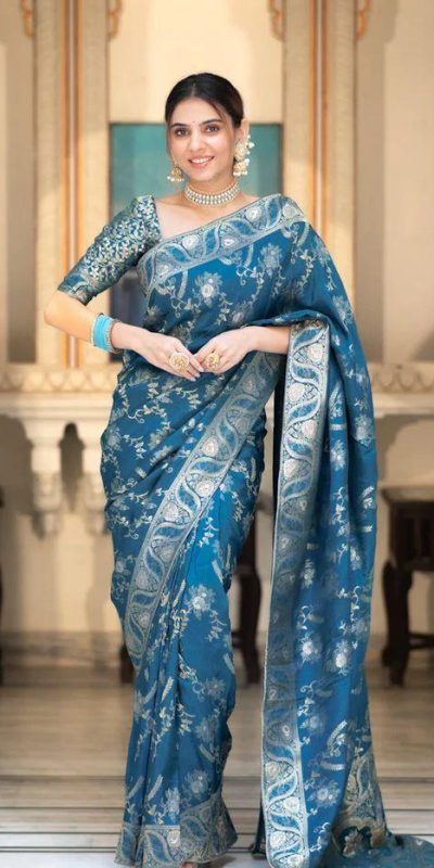 Bright Blue Color Soft Litchi Silk All Over Weaving Saree