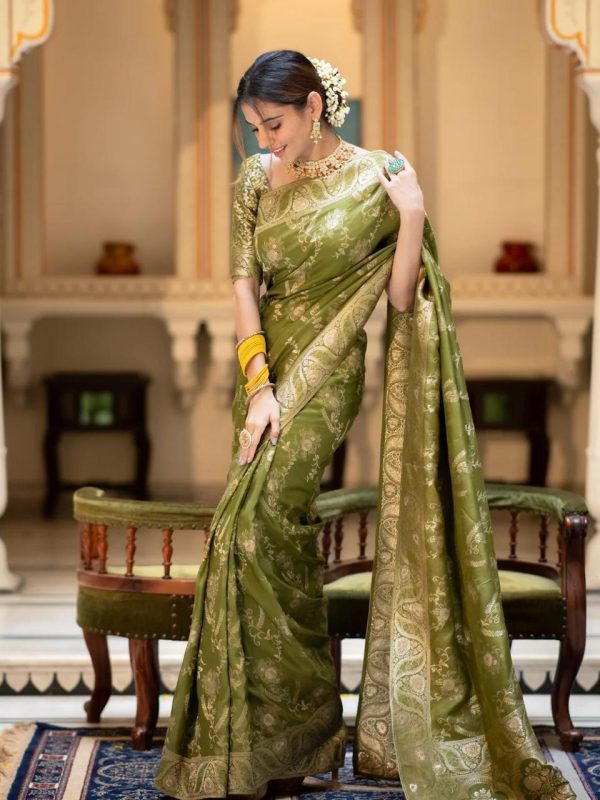 Bright Mehandi Color Soft Litchi Silk All Over Weaving Saree