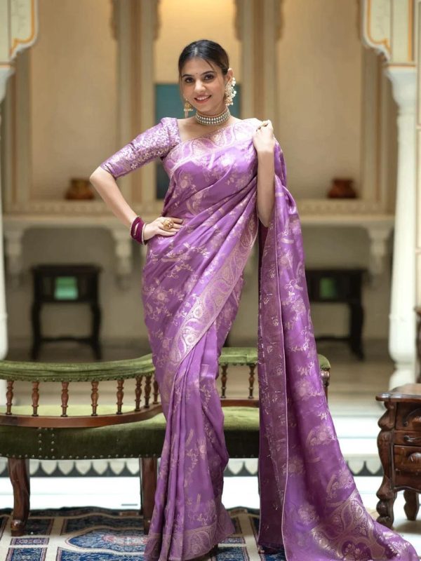 Purple Soft Litchi Silk All Over Weaving Saree - Image 4