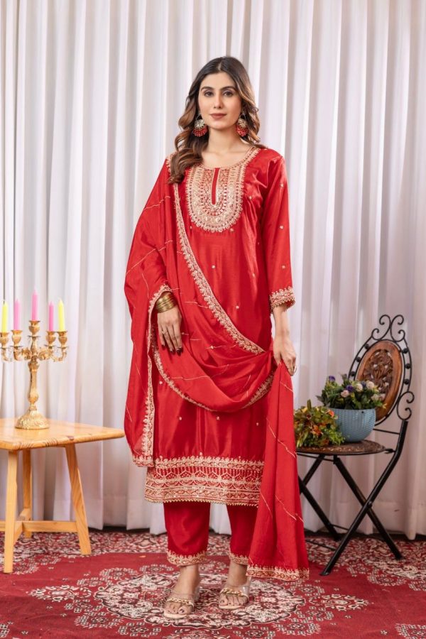 Bright Red Color Chinon Thread Sequence Work Salwar Suitv