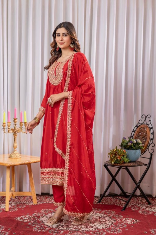 Red Chinon Thread Sequence Work Salwar Suit - Image 4