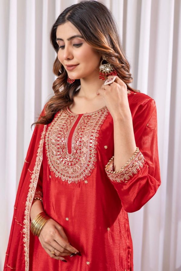 Red Chinon Thread Sequence Work Salwar Suit - Image 3