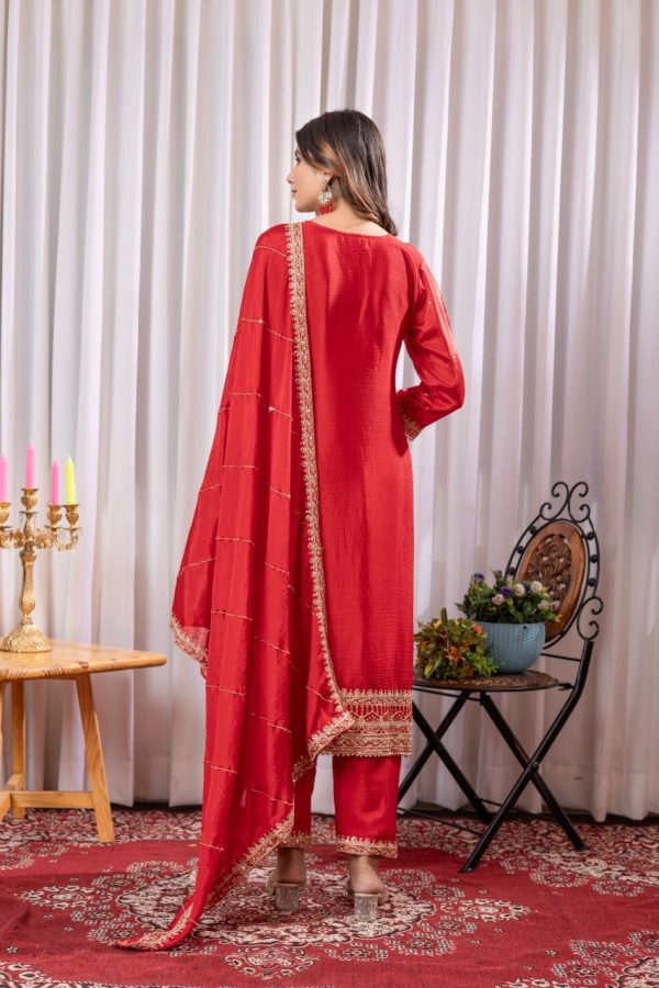 Red Chinon Thread Sequence Work Salwar Suit - Image 2