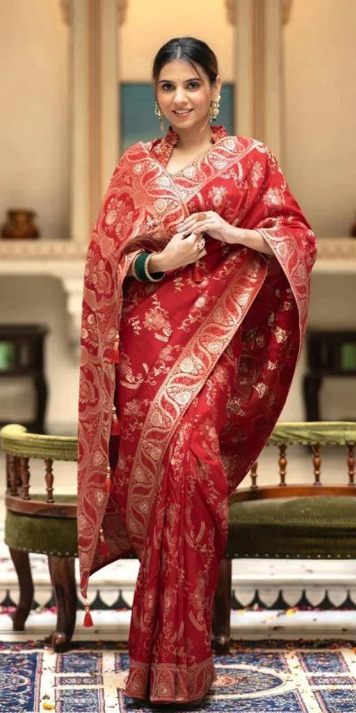 Bright Red Color Soft Litchi Silk All Over Weaving Saree
