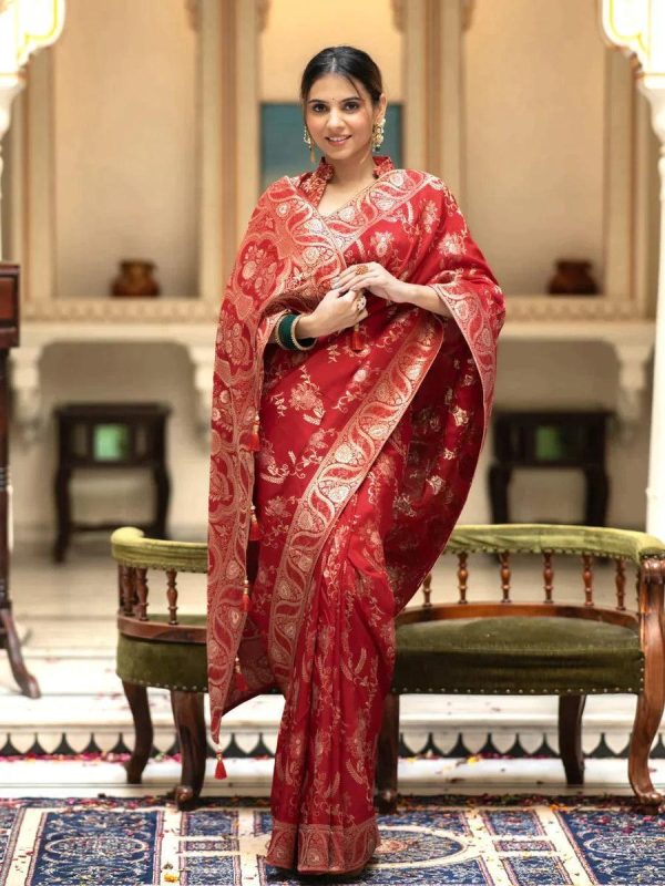 Bright Red Color Soft Litchi Silk All Over Weaving Saree