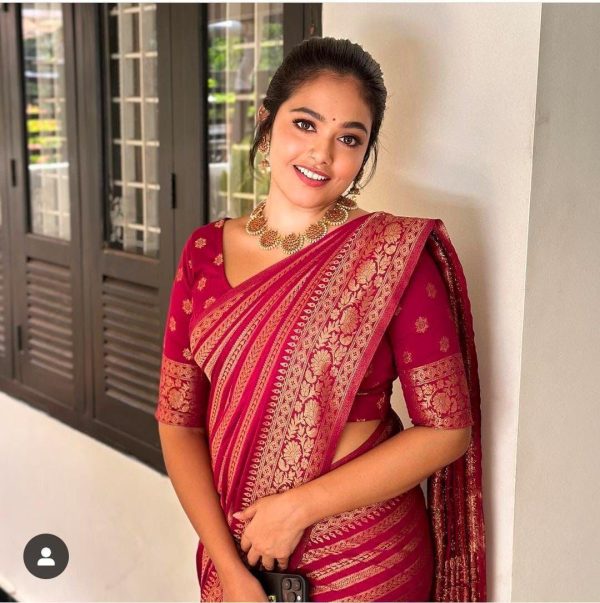 Red Soft Litchi Silk On All Over Saree - Image 4