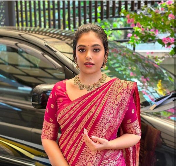 Red Soft Litchi Silk On All Over Saree - Image 5