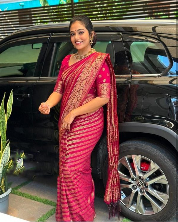 Bright Red Color Soft Litchi Silk On All Over Saree