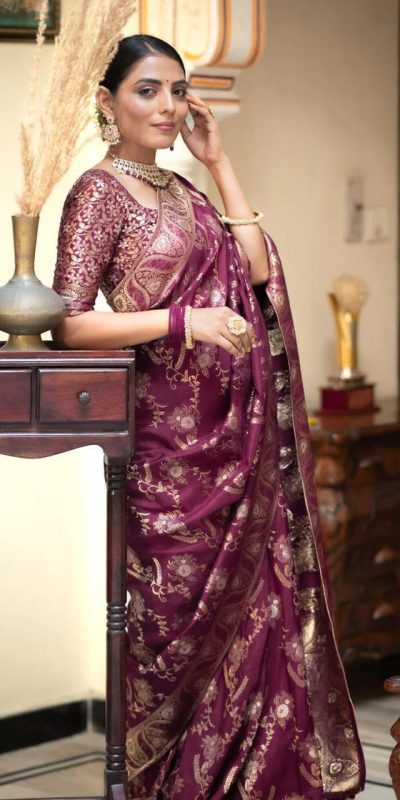 Bright Wine Color Soft Litchi Silk All Over Weaving Saree